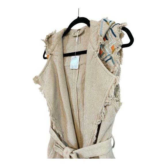 Free People Canvas Hooded Utility Vest Jacket Tie Waist NWT Sz S Aztec Trim - Picture 2 of 10
